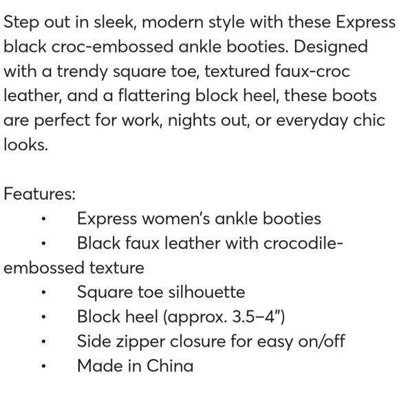 Express Women's Black Croc-Embossed Square Toe Side Zip Plank Heel Ankle Boot 10 - Picture 10 of 10